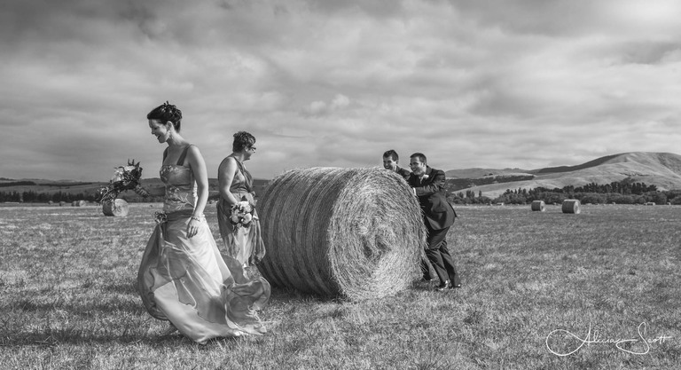 Image of bridal party with hay bales taken by Alicia Scott - Wairarapa wedding photographer