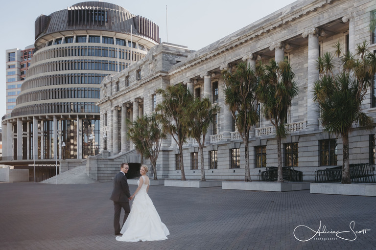 Photo of wedding couple outside Parliament taken by Alicia Scott, Wellington wedding photographer