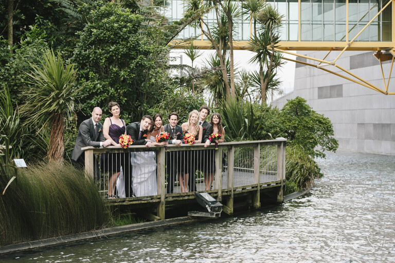 Photo of wedding party outside Te Papa taken by Alicia Scott, Wellington wedding photographer