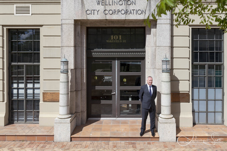 Wellington CEO Kevin Lavery outside the old Wellington City Corporation building taken by Alicia Scott Wellington corporate photographer